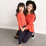 2016春装新款亲子装母女装韩版长袖橘色上衣配格子哈伦裤时尚个性