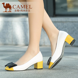 Camel骆驼女鞋 新款春季甜美休闲 圆头粗跟羊皮中跟浅口单鞋