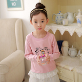 2015秋冬季韩国儿童蕾丝拼接中长款长袖卫衣外贸可爱印花女童绒衫