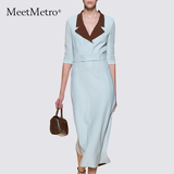 MeetMetro2016春装新款欧美时尚女装翻领七分袖修身连衣裙中长款