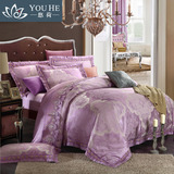 欧式天丝色织大提花高档蕾丝纯棉床单被套4四件套床上用品1.8紫色