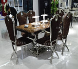 新古典后现代简约欧式长方形不锈钢大理石艺术餐桌酒店桌椅组合