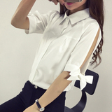 2016新款夏季韩版女装气质百搭系带露肩短袖白衬衫宽松显瘦雪纺衫
