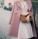 粉色的呢大衣女士春秋冬中长款外套女士新款气质欧洲站双排扣藕粉