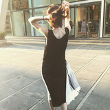 2016夏季新款女装中长款纯棉黑色背心裙沙滩裙雪纺拼接无袖连衣裙