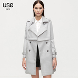 USE2016春装新款欧美简约OL纯色修身双排扣肩章直筒棉女风衣外套