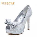 KISSCAT接吻猫 新款高跟鱼嘴浅口蝴蝶结单鞋时尚细跟婚鞋