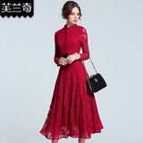 欧美时尚女装红色蕾丝连衣裙 中长款长袖修身显瘦钩花镂空长裙