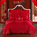 结婚床上用品 全棉贡缎奢华刺绣四件套大红色床单式十件婚房布置