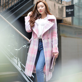 粉红大布娃娃2015秋冬韩版中长修身加厚呢子大衣格子毛呢外套女