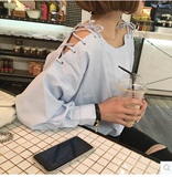 韩国2016春装新款纯色小性感露肩上衣长袖衬衣 韩版一字领衬衫女