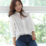 卡诺妍 2015秋装新款韩版宽松休闲立领套头白衬衫女长袖打底衬衣