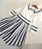 现货韩版15秋装新款韩国女装学院风海军领条纹拼色针织百褶连衣裙