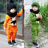 2015韩版秋款童装 男女童大嘴猴运动休闲卫衣套装 加绒加厚两件套