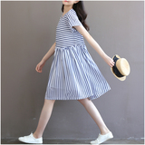 【天天特价】2016夏新款大码女装蓝白条纹宽松雪纺短袖连衣裙子