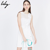 Lily2016春新款女装白色收腰连衣裙圆领无袖连衣裙116140C7514