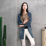 韩版新款2016年春季直筒薄款中长款外套女九分袖牛仔蓝全棉外套