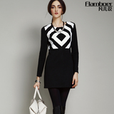 欧美时尚品牌黑白格子连衣裙2015秋冬女装显瘦收腰修身长袖直筒裙