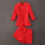 欧洲站2016秋装新款韩国代购修身红色西装外套短裤两件套套装女
