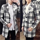 2016春季新款男士英伦中长款格子风衣青少年韩版修身西装领外套潮
