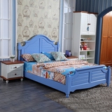 蓝色地中海乡村单人床 美式家具实木简约高箱床儿童小床1.5米1.2