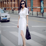 长裙夏天带袖连衣裙韩国超长拖地开叉气质白色超仙雪纺度假沙滩裙