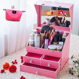 韩式化妆品收纳盒家用超大有盖木制带镜子桌面护肤品抽屉式饰品盒