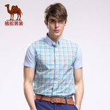 骆驼男装 夏季男士短袖衬衫 商务休闲纯棉绿色衬衣 格仔拼接寸衫