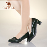 camel/骆驼女鞋 舒适通勤风 圆头牛漆皮扣带中跟女单鞋