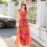 夏季短袖V领韩版修身显瘦气质大摆型印花雪纺连衣裙波西米亚长裙