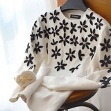 秋季新款韩版甜美小清新白色花朵长袖毛衣女套头兔绒外套短款上衣