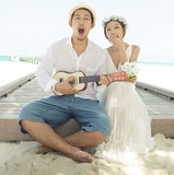 2015蜜月婚纱照韩国情侣装雪纺白色海边沙滩长裙背心连衣裙男衬衫