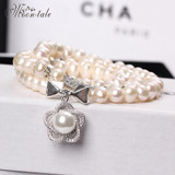 韩版时尚简约S925纯银镶锆石花朵天然珍珠永恒的爱多层手链手串女