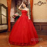 婚纱礼服2015新款 韩版公主红色抹胸蕾丝镶钻齐地绑带蝴蝶结婚纱
