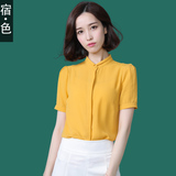 宿·色女装短袖衬衫2016夏季新款小立领雪纺衫 OL韩版衬衣