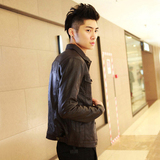 韩版修身型青少年男士潮流秋季薄款水洗黑色短款皮夹克衫外套男装