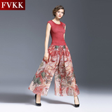 FVKK2016夏装新款时尚气质2件套阔腿裤欧根纱印花宽松休闲套装女