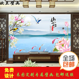 现代中式山水情壁画 玉兰荷花鱼壁纸 客厅卧室电视背景环保墙纸