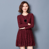 新款秋冬季女装韩版高档蕾丝加绒加厚保暖打底修身蓬蓬大摆连衣裙