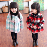 女童毛呢外套2015冬季新款韩版中小童格子英伦风大衣夹棉外套爆款
