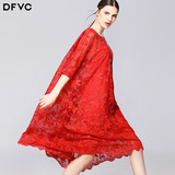 dfvc2016夏装新款女装欧美重工镂空刺绣A字裙红色宽松中长连衣裙