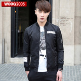 WOOG2005黑色立领夹克男韩版2016春季新款修身印花潮流外套男青年