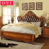 oyj卧室家具 美式床乡村双人实木床1.8米 欧式床深色真皮高档婚床
