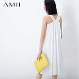 amii夏季圆领无袖大码纯色中长裙新款拼接背心单件针织女连衣裙