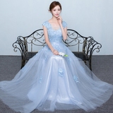 礼服宴会主持人礼服长款气质优雅韩式显瘦晚礼服夏季年会礼服裙蓝