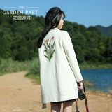 花园派对 2015秋装新款时尚韩版女装中长款刺绣毛呢外套呢子大衣