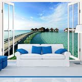 地中海马尔代夫风景客厅沙发墙纸背景墙壁纸卧室欧式3d立体壁画