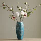 美式乡村立体花纹陶瓷花瓶 做旧复古落地花器欧式客厅插花瓶 蓝色