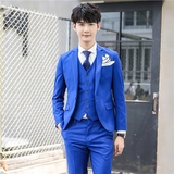 2016秋季新款男式韩版修身结婚西服三件套英伦潮流男士宝蓝色套装
