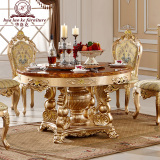 欧式圆台 天然大理石餐台实木雕花餐桌香槟桌子新古典圆桌包邮